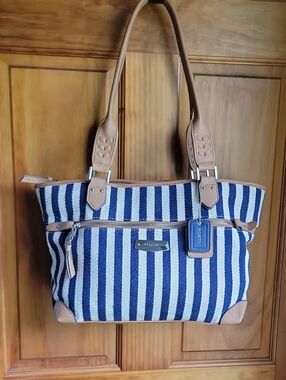 Rosetti Navy and White Striped Tote with Tan Trim